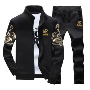 Spring and Autumn men's casual stand - collar sports suit, embroidered cardigan jacket, elastic waist, straight - leg pants