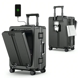 Aluminum Framed Carry On Luggage, Airline Approved 22x14x9" Suitcase with Spinner Wheels, Front Laptop Compartment & Cup Holder